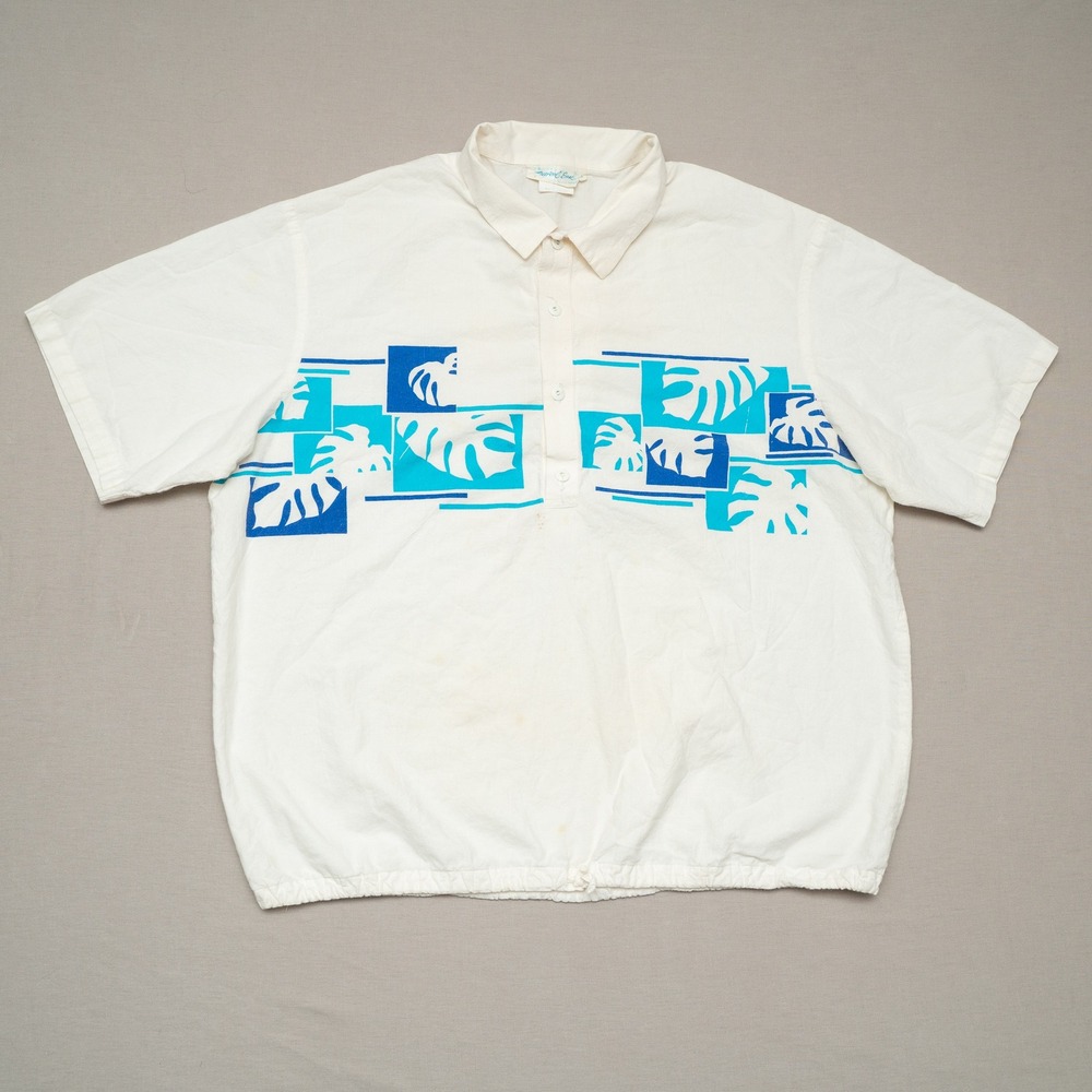 Vintage 80s Tropical Ease Monstera XL Lightweight Beach Polo Pullover‎ Shirt